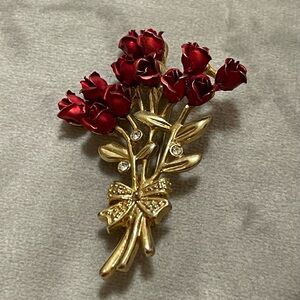 Elegant Gold and Red Rose Brooch